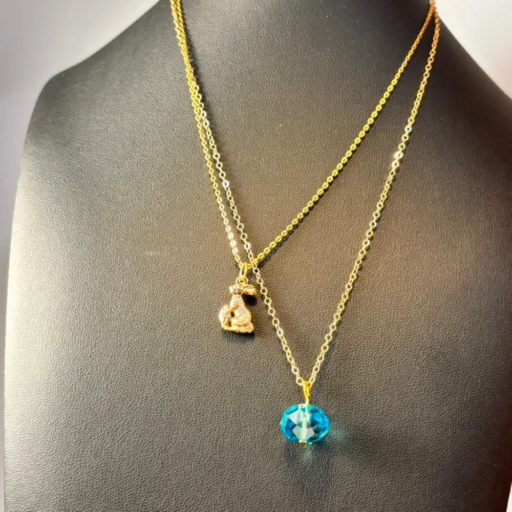 Rabbit Blue Crystal Necklace Set Gold Tone Boho Whimsygoth Cottagecore Layered